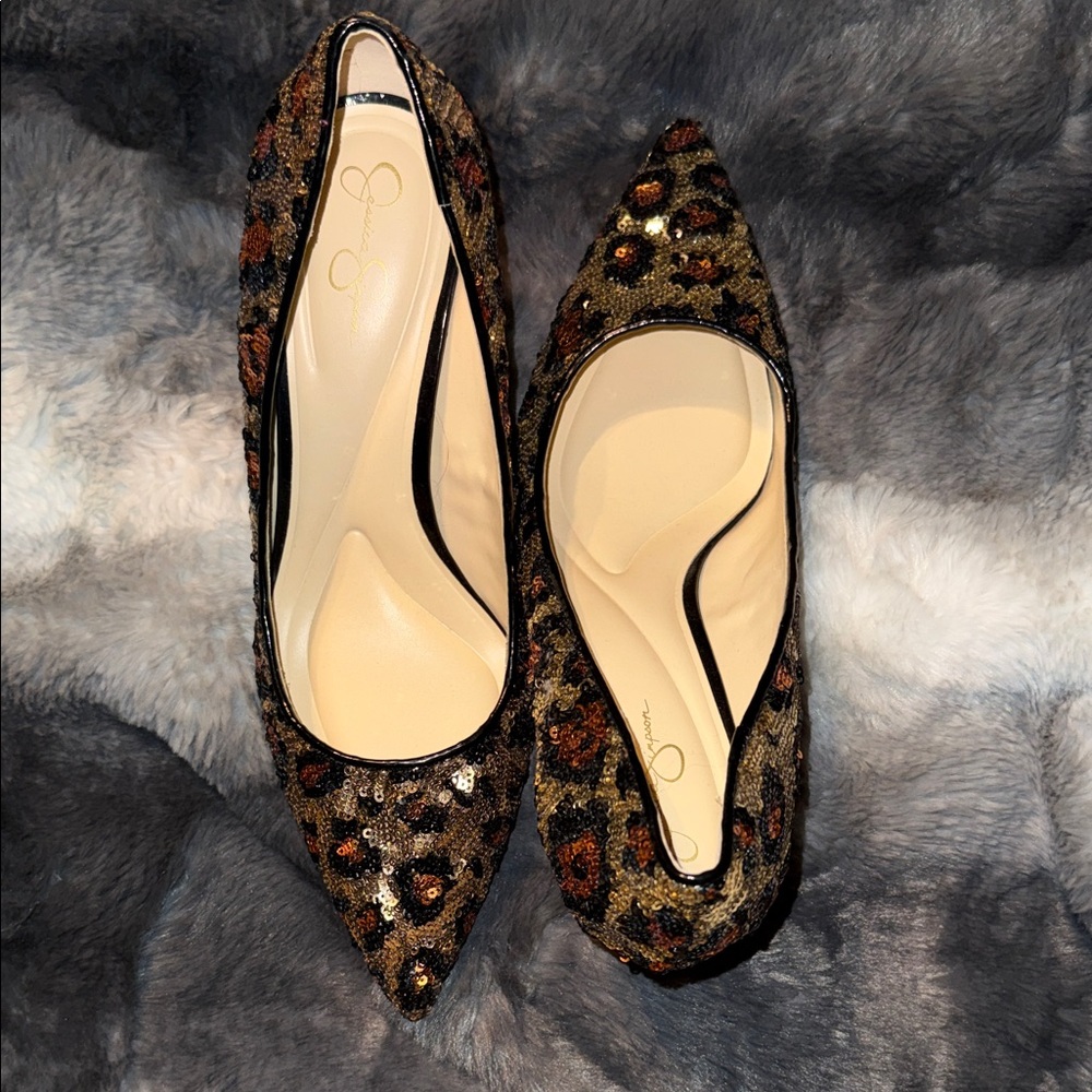 Jessica Simpson Leopard Print Sequin Stiletto Heels